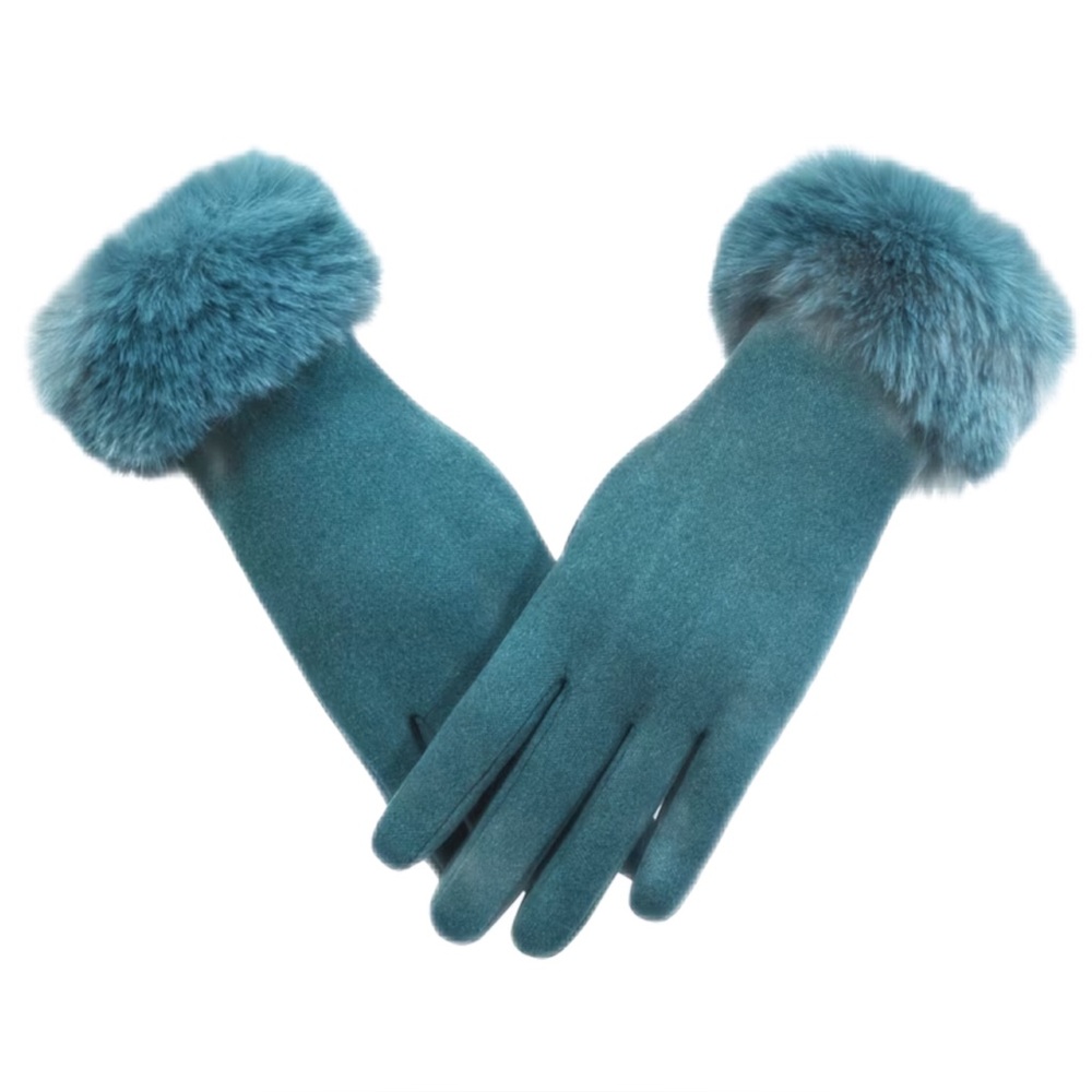 Teal Blue Fur Cuff Touchscreen Fashion Gloves